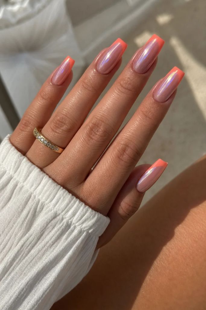 Summer French Nails 2026 Coral Chrome French Tips With Iridescent Glow