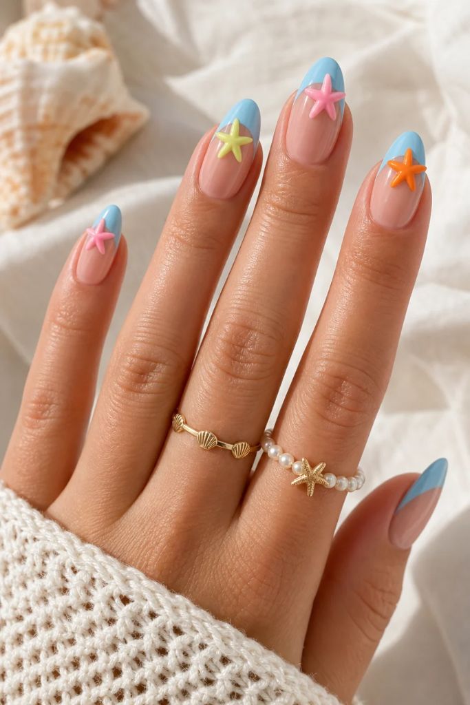 Summer French Nails 2026 Sea Blue French Tips With Colorful Starfish Charms