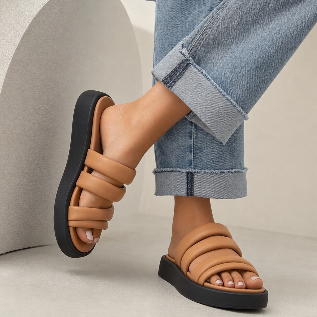 Summer Flip-Flops for Women 2026 Tan Puffy Multi-Strap Slides With Black Sole