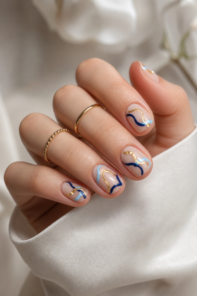 Short Summer Nails 2026 Inspo Abstract Blue and Gold Waves With Mediterranean Energy