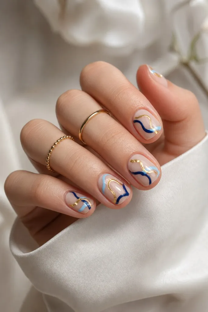 Short Summer Nails 2026 Inspo Abstract Blue and Gold Waves With Mediterranean Energy