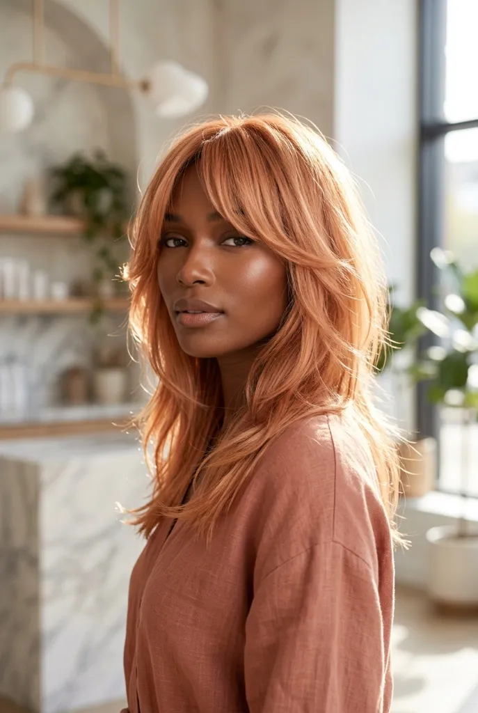 Warm Copper Penny Long Shag with Layered Curtain Bangs