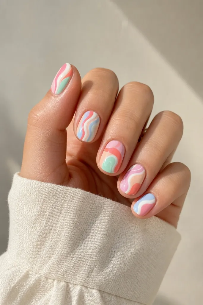 Short Nail Ideas for Summer 2026 Pastel Swirl Nails With Retro Groovy Summer Vibes