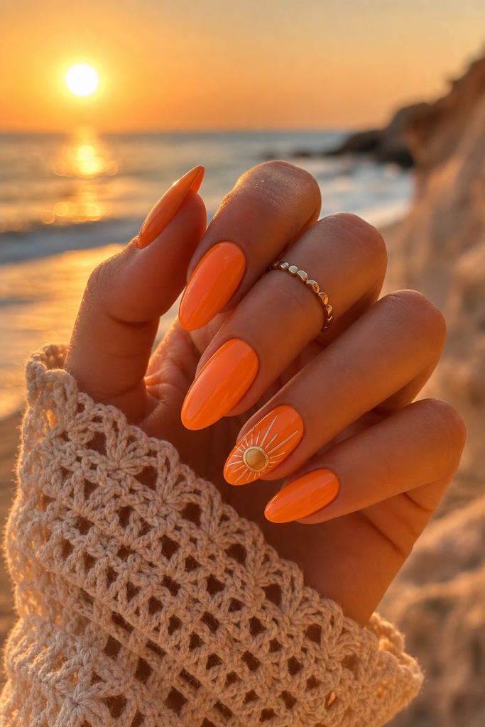 Summer Beach Nails 2026 Sunset Orange Nails With Golden Sun Accent for Warm Evenings