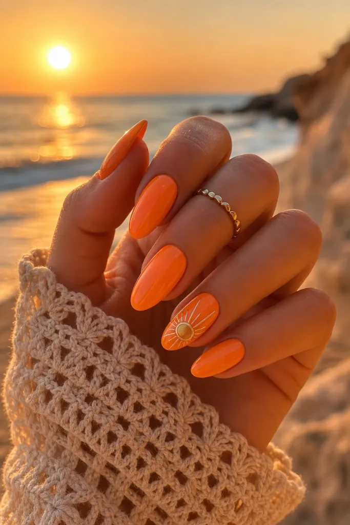 Summer Beach Nails 2026 Sunset Orange Nails With Golden Sun Accent for Warm Evenings