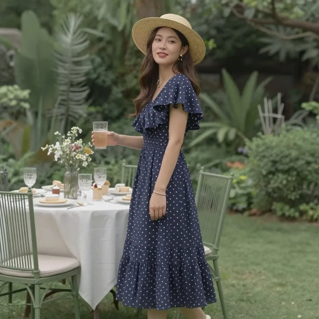 Navy Dotted Garden Party Wedding Guest Outfit With Straw Hat
