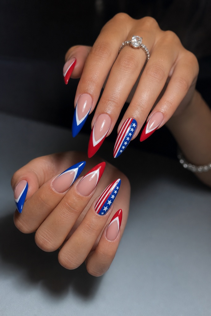Patriotic Nails for 2026 Sharp Stiletto V-Tips With Flag Accent Nail