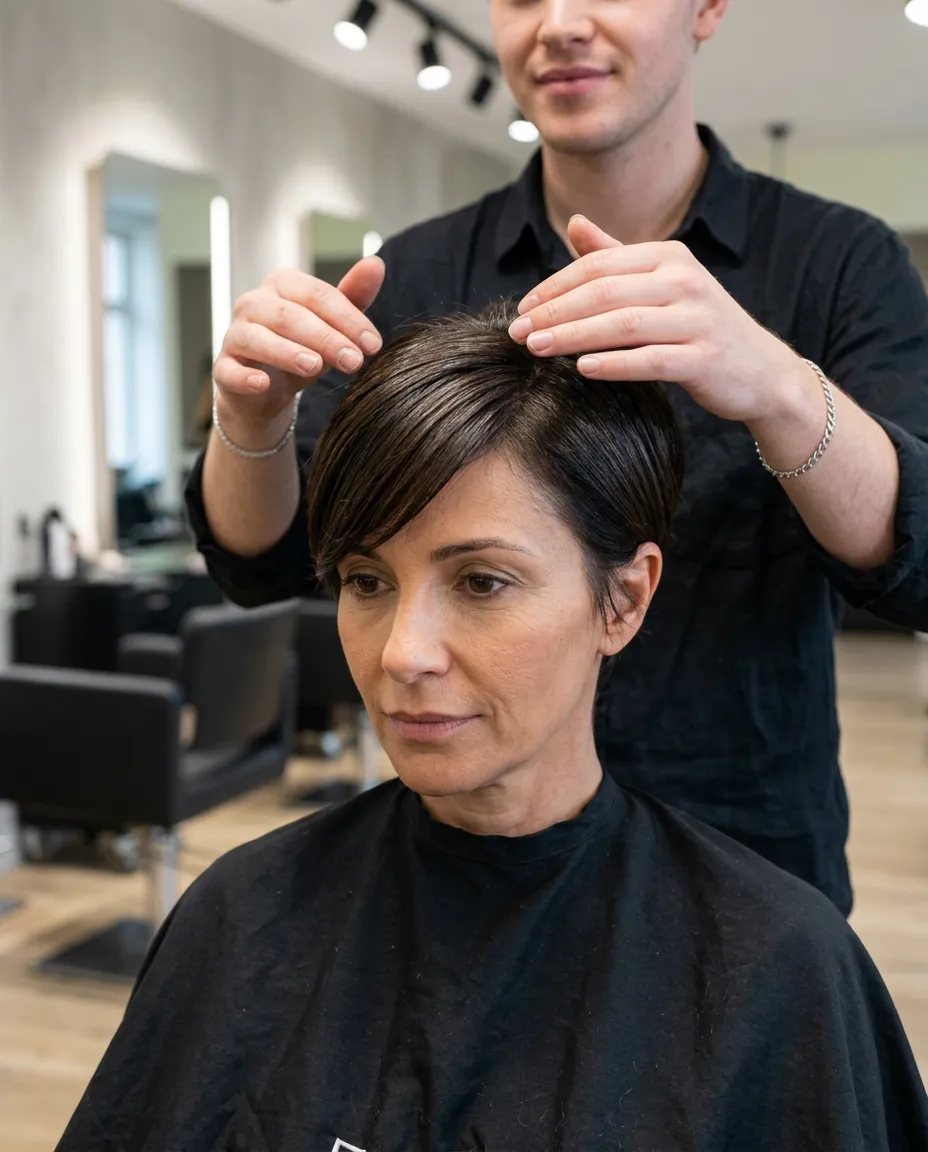 Short textured brunette pixie with lifted crown, tapered sides, and fresh salon styling hands for a modern summer 2026 haircut over 40