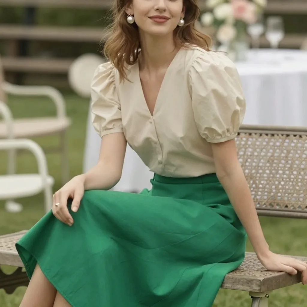 Pearl-Toned Blouse and Green Midi Skirt Combo