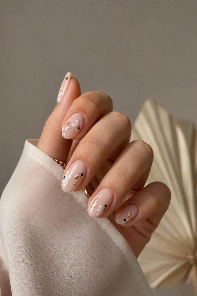 Short Summer Nails 2026 Inspo Dainty White Florals With Golden Leaf Accents