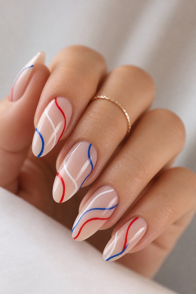 4th of July Nails for 2026 Minimalist Wavy Lines in Red White and Blue