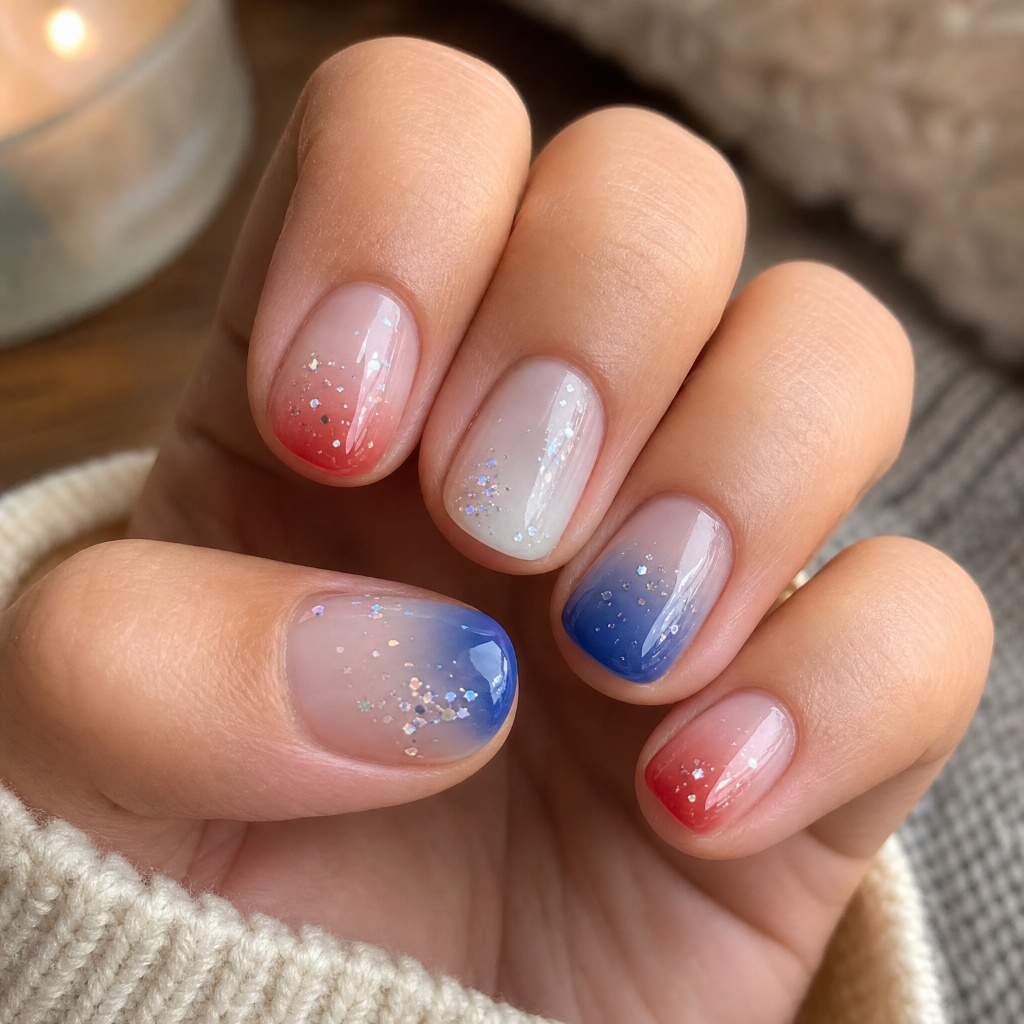 4th of July Nails for 2026 Sheer Gradient Nails With Glitter for a Subtle Celebration