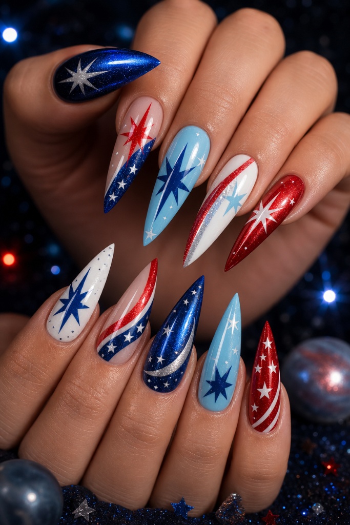 Patriotic Nails for 2026 Dramatic Stiletto Starburst in Red White and Blue