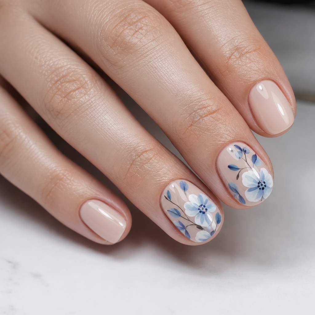 Summer Nails Inspo 2026 Nude Nails With Blue Watercolor Florals That Look Hand-Painted