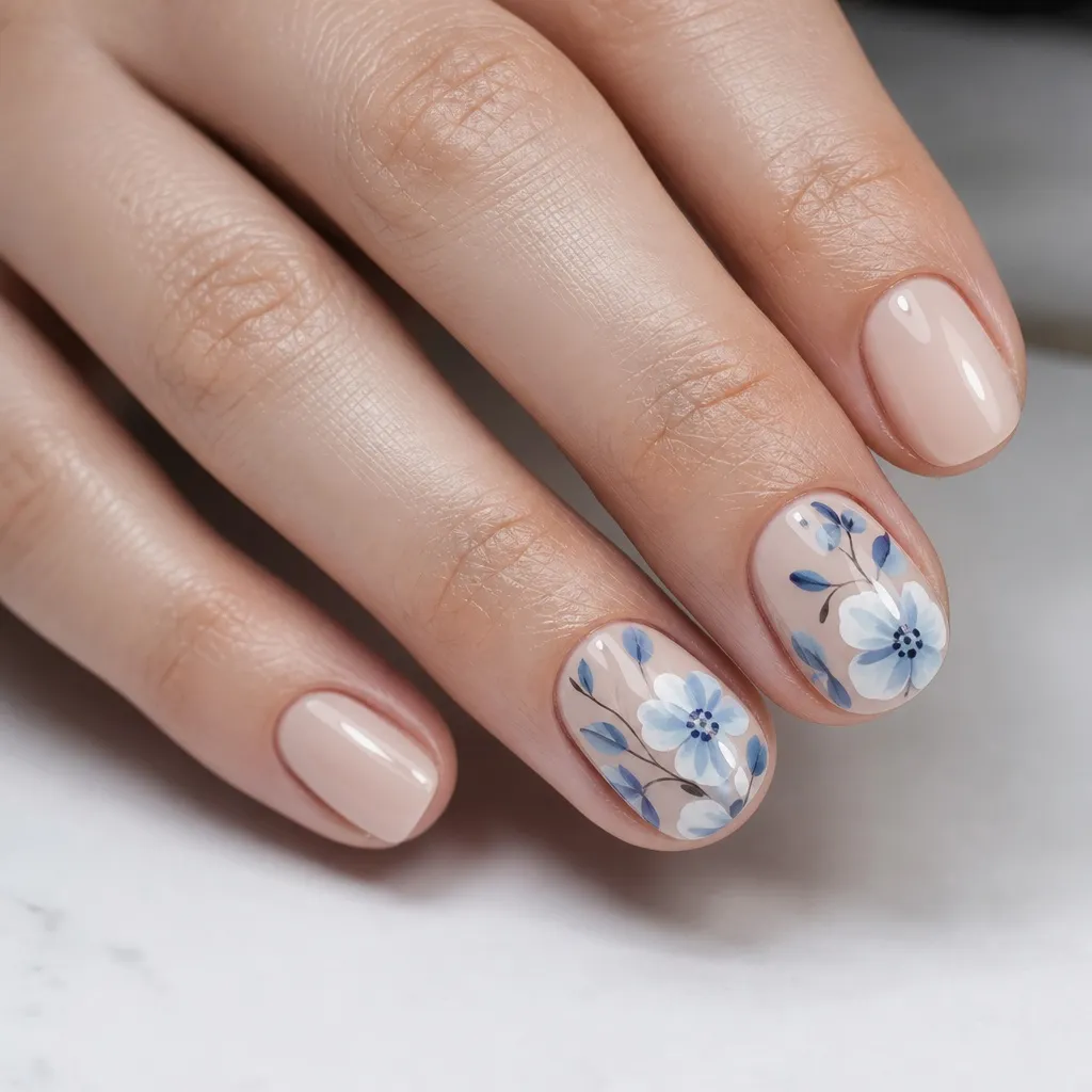 Summer Nails Inspo 2026 Nude Nails With Blue Watercolor Florals That Look Hand-Painted
