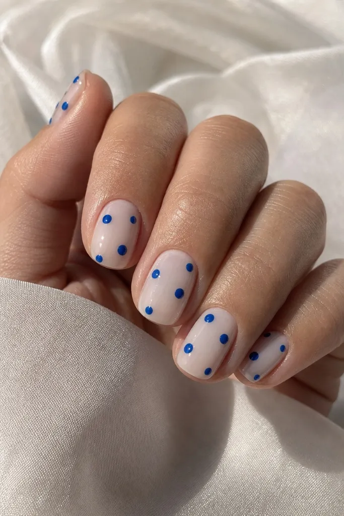 Short Nail Ideas for Summer 2026 Blue Polka Dot Nails With Playful Nautical Charm