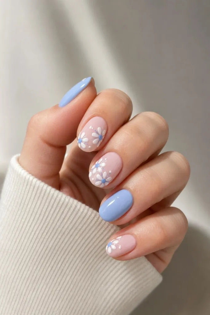 Summer Beach Nails 2026 Periwinkle and Pink Floral Nails With Cottage-Core Softness