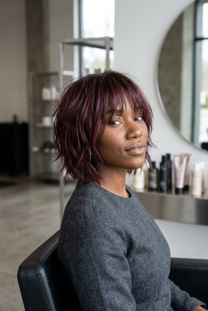 Berry Plum Choppy Shag Bob with Textured Bangs
