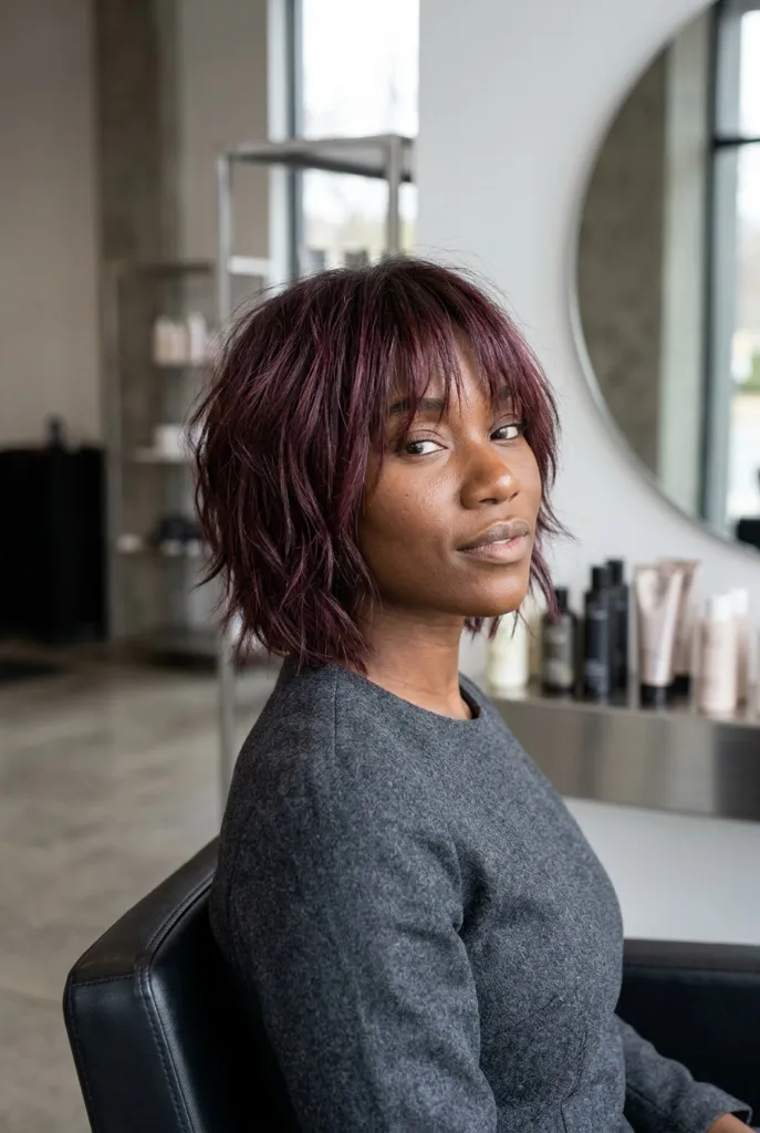 Berry Plum Choppy Shag Bob with Textured Bangs