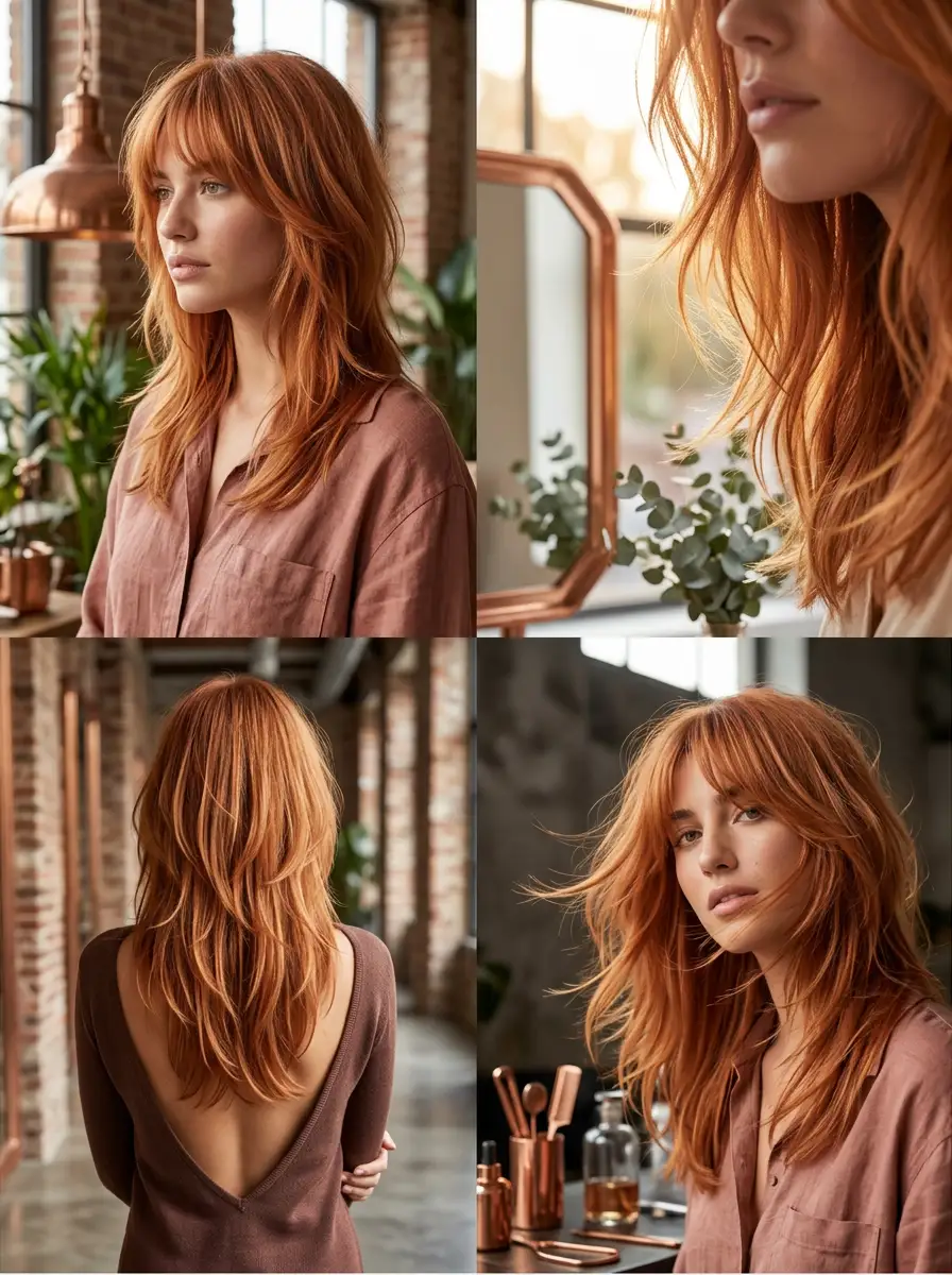 Copper soft shag long haircut in editorial collage, airy layers, warm dimensional tone, modern salon texture, Summer 2026 statement hair look