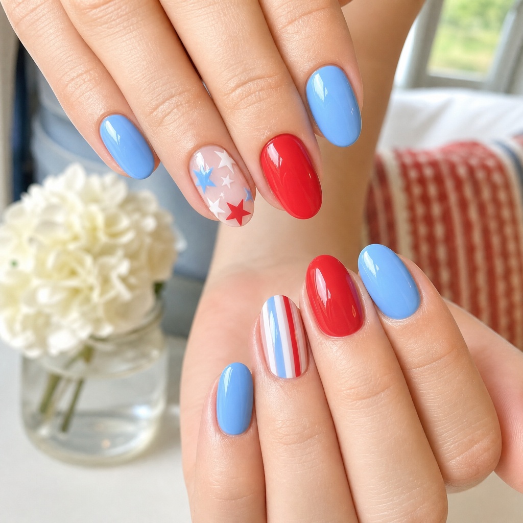 4th of July Nails for 2026 Cheerful Light Blue and Red Nails With Star Details