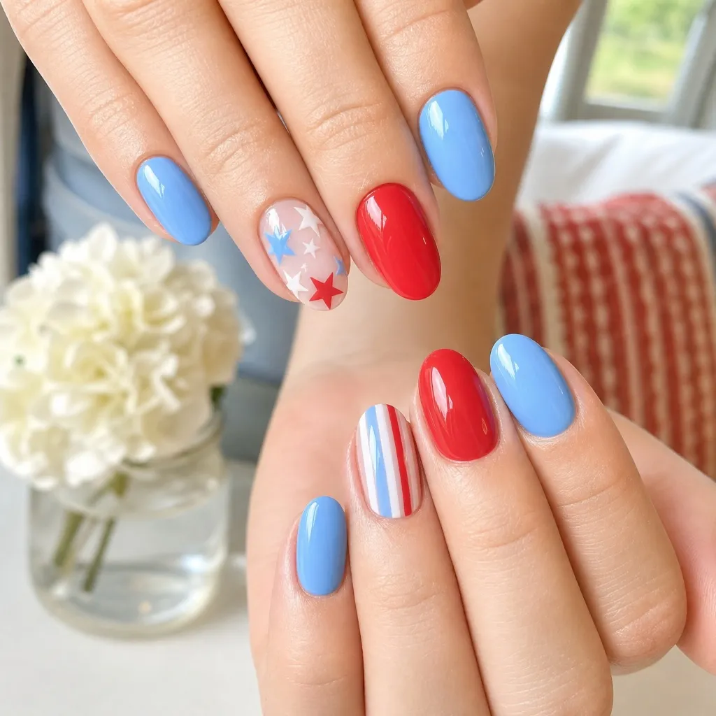 4th of July Nails for 2026 Cheerful Light Blue and Red Nails With Star Details