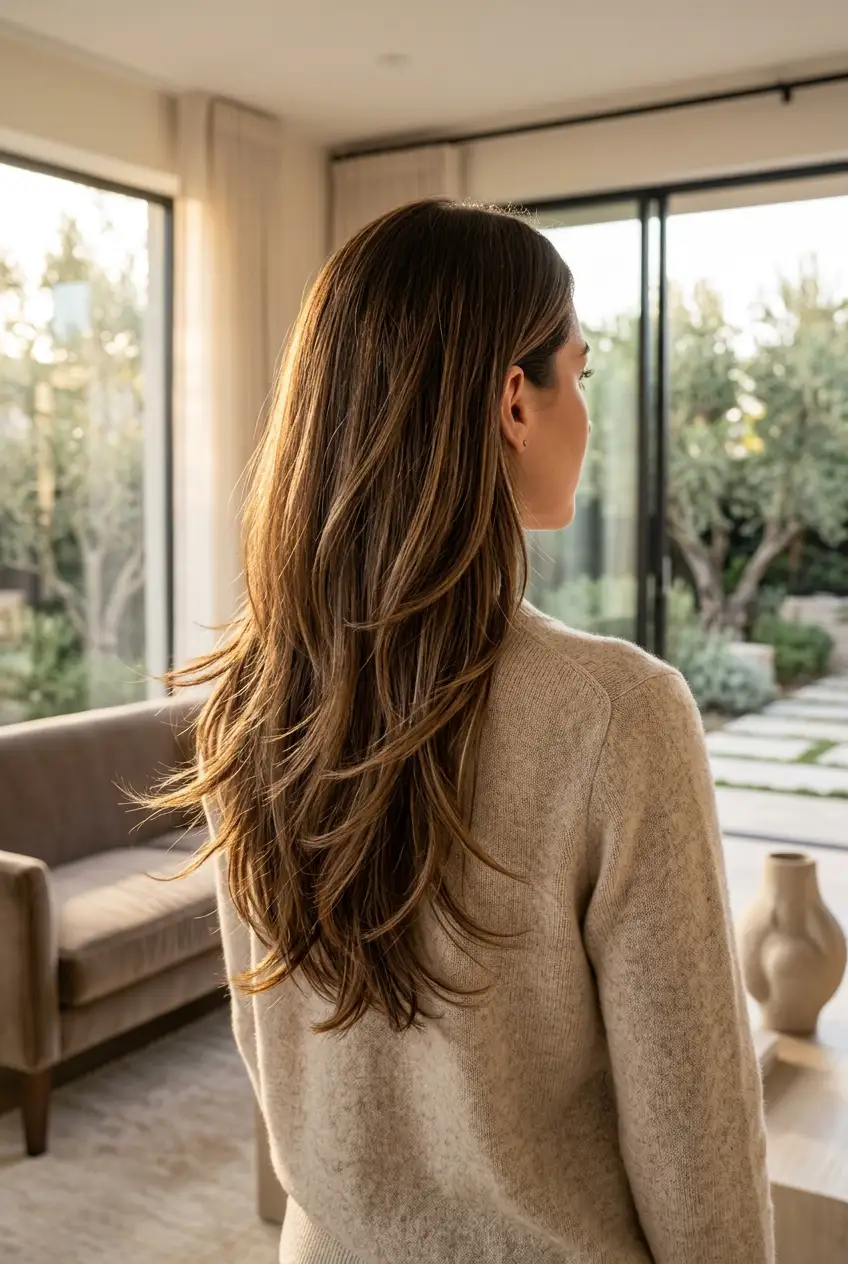 Long brunette U-shaped layered haircut with feathered ends, soft movement, natural back view, airy summer texture, elegant editorial hair photography