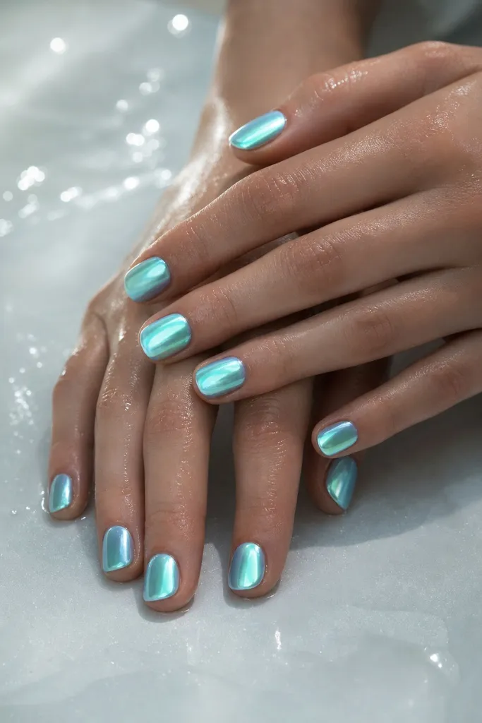 Short Nail Ideas for Summer 2026 Aqua Chrome Mermaid Nails With Ocean Glow