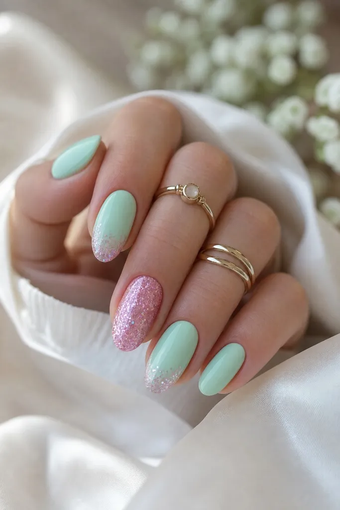 Light Summer Nails 2026 Mint Green and Pink Glitter Nails With Garden Party Glamour
