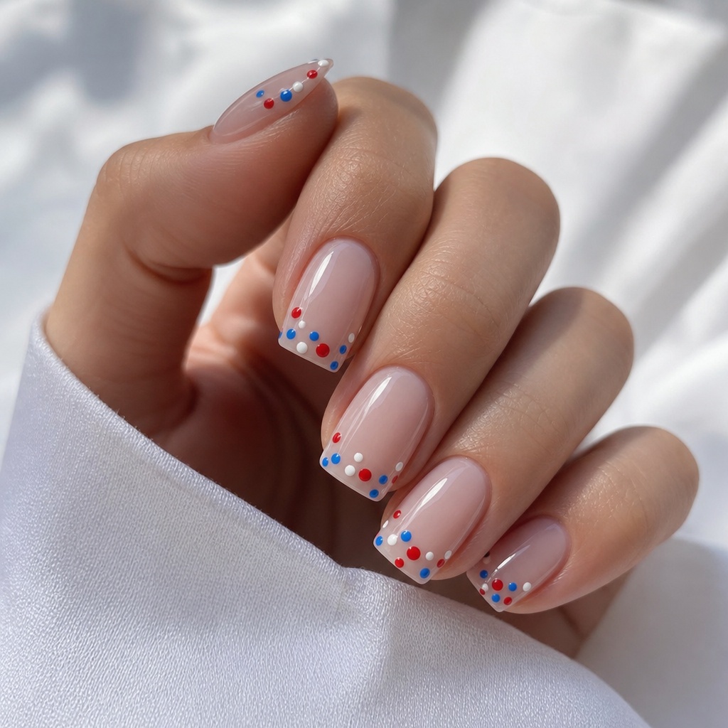 Patriotic Nails for 2026 Confetti Dot Tips on a Sheer Nude Base