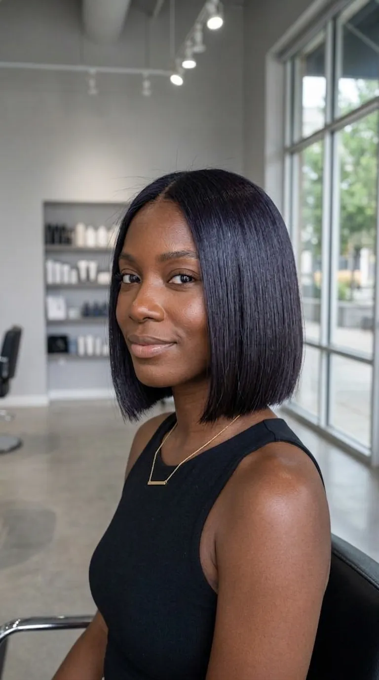 sleek dark micro bob with center part, jaw length precision cut, glassy straight finish, minimalist salon portrait for summer 2026