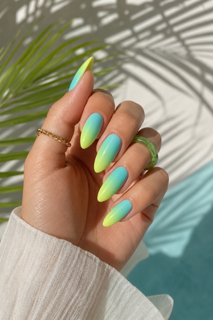 Summer Beach Nails 2026 Neon Lime-to-Aqua Gradient for Maximum Summer Impact