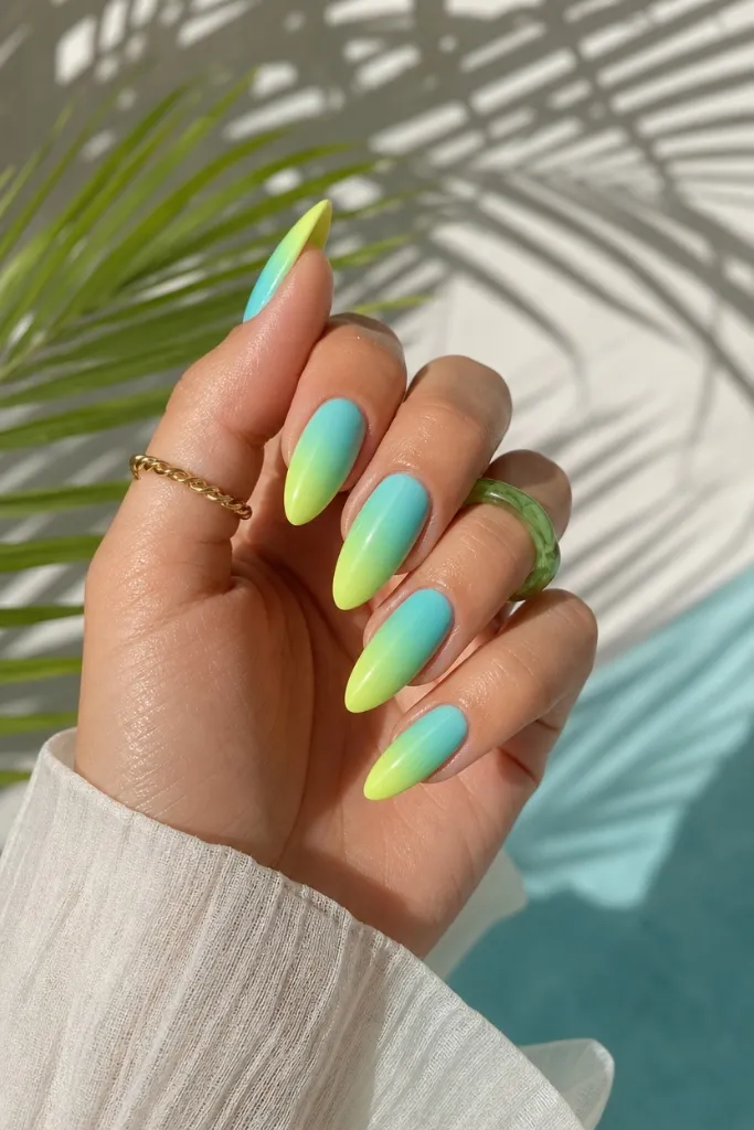 Summer Beach Nails 2026 Neon Lime-to-Aqua Gradient for Maximum Summer Impact