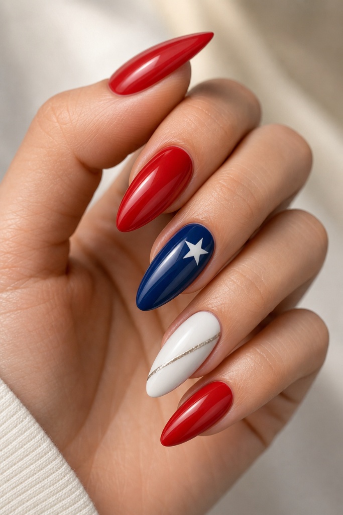 Patriotic Nails for 2026 Elegant Red White and Blue Almond Nails With Star Accent