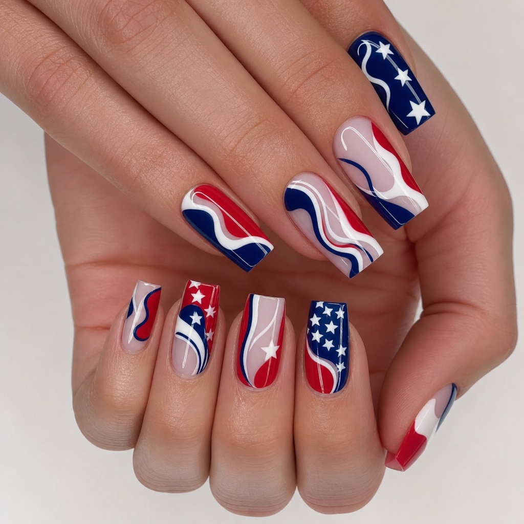 4th of July Nails for 2026 Abstract Patriotic Swirl Art on Square Nails