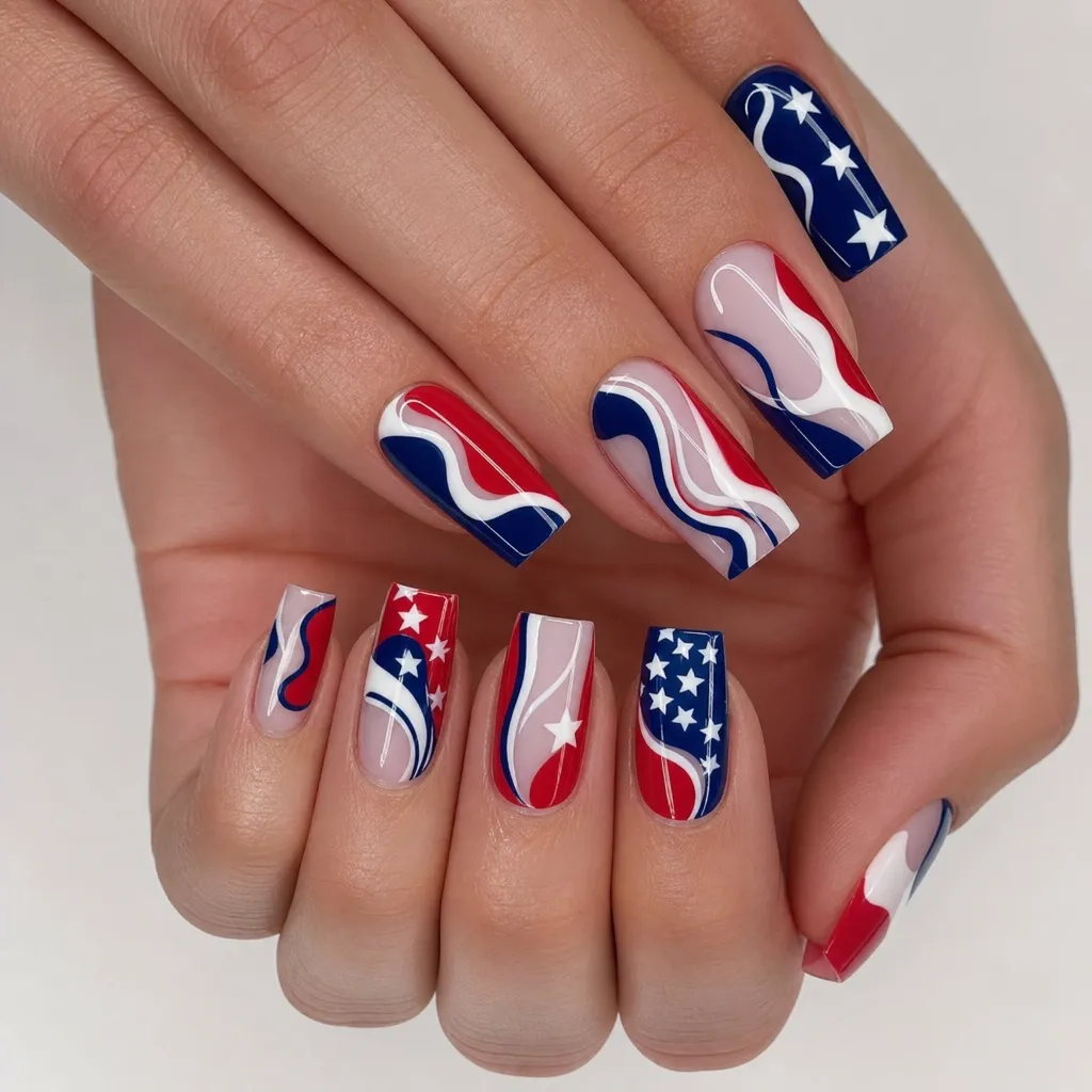4th of July Nails for 2026 Abstract Patriotic Swirl Art on Square Nails