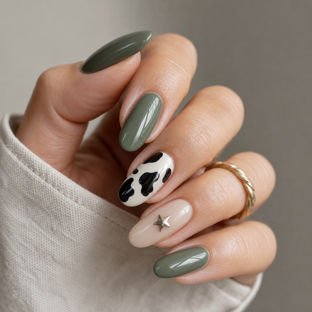 Summer Nails Inspo 2026 Sage Green and Cow Print With a Western Star Charm