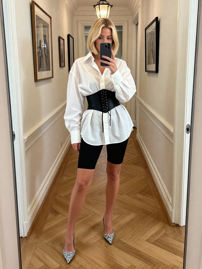 Oversized White Shirt With Corset Belt And Biker Shorts