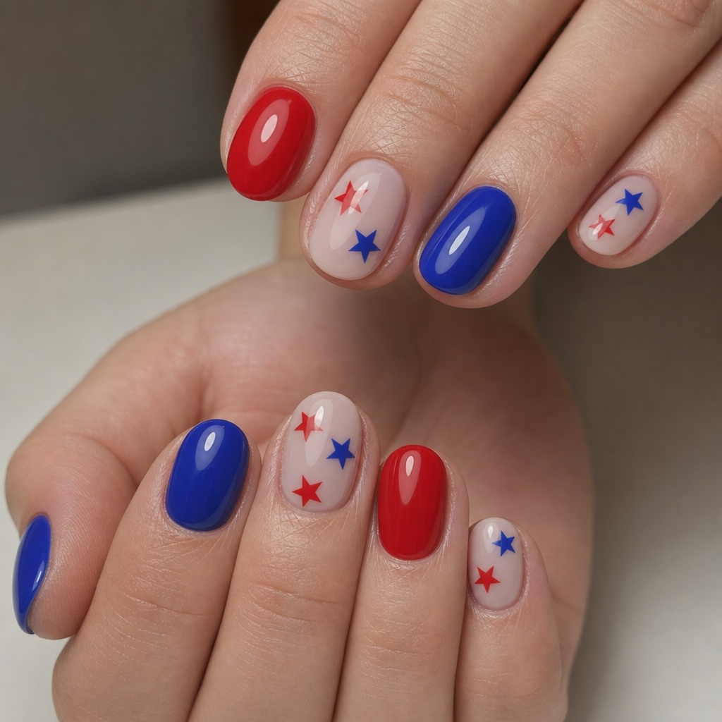 Patriotic Nails for 2026 Alternating Solid and Star-Accent Nails in Bold Colors
