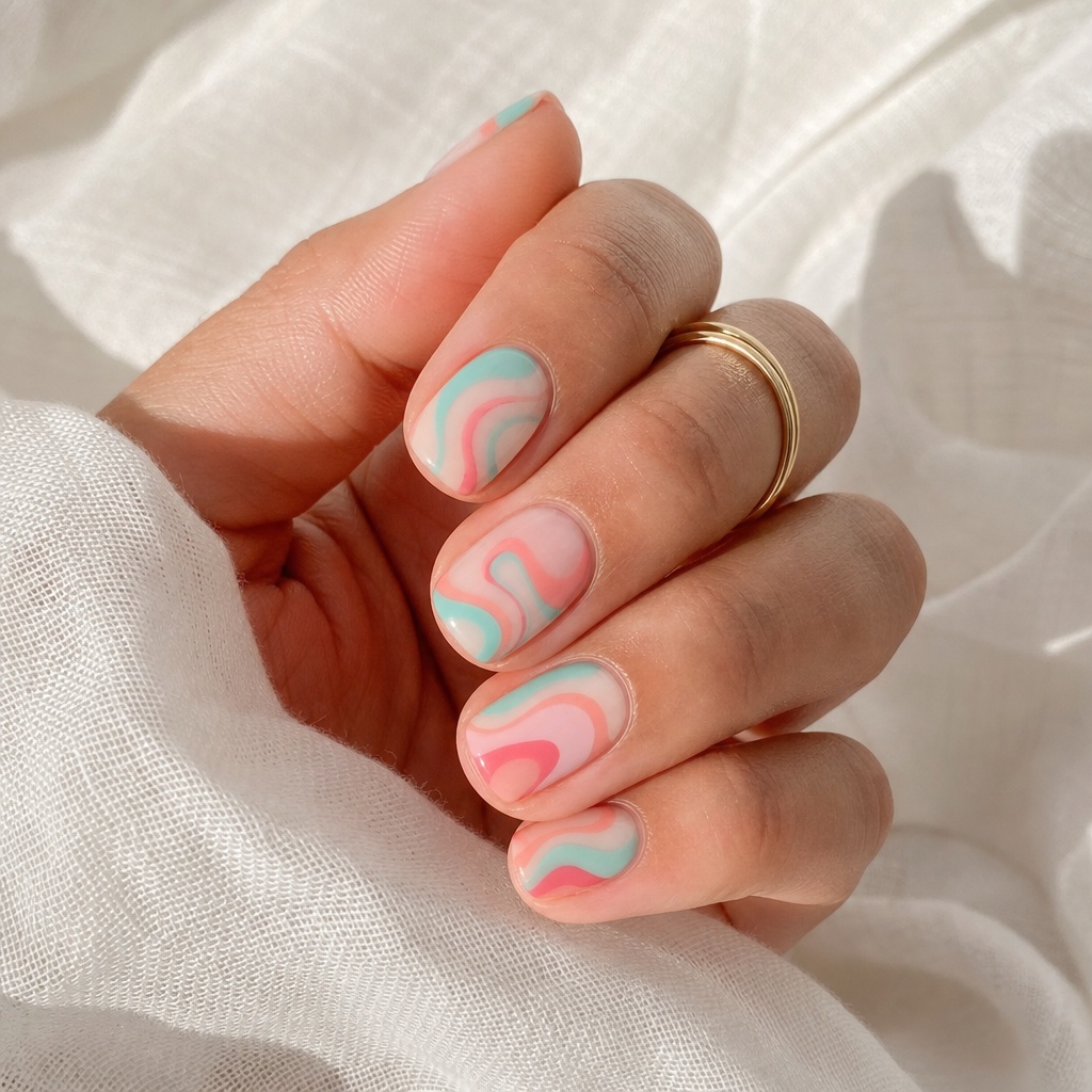 Summer Nails Inspo 2026 Pastel Swirl Short Nails in Mint and Coral That Taste Like Sorbet