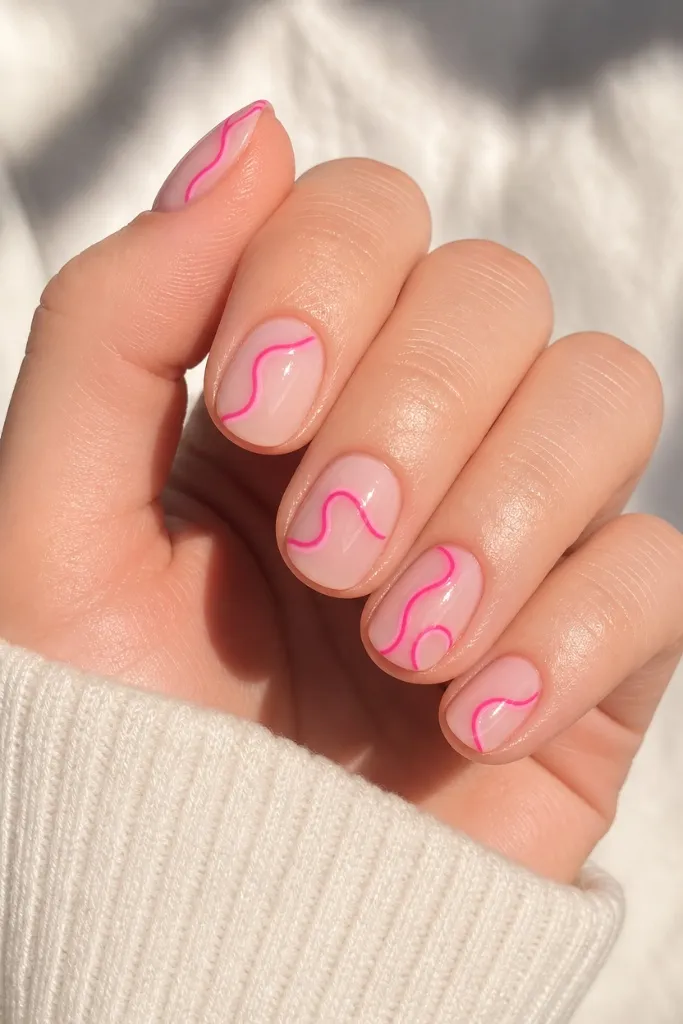 Short Nail Ideas for Summer 2026 Pink Swirl Line Nails With Playful Minimalism