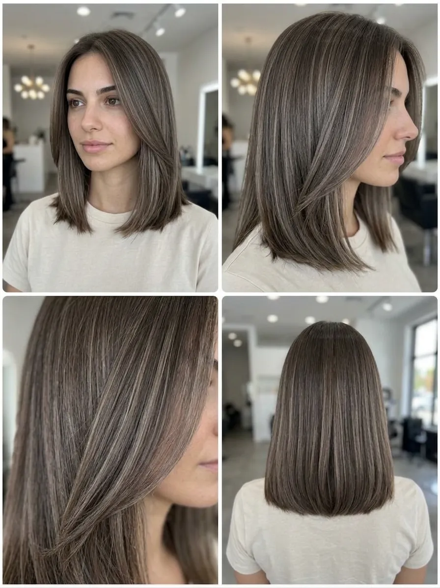 Ash brown power lob medium haircut in a salon collage, cool smoky dimension, sleek smooth texture, softly layered ends, and modern Summer 2026 polish