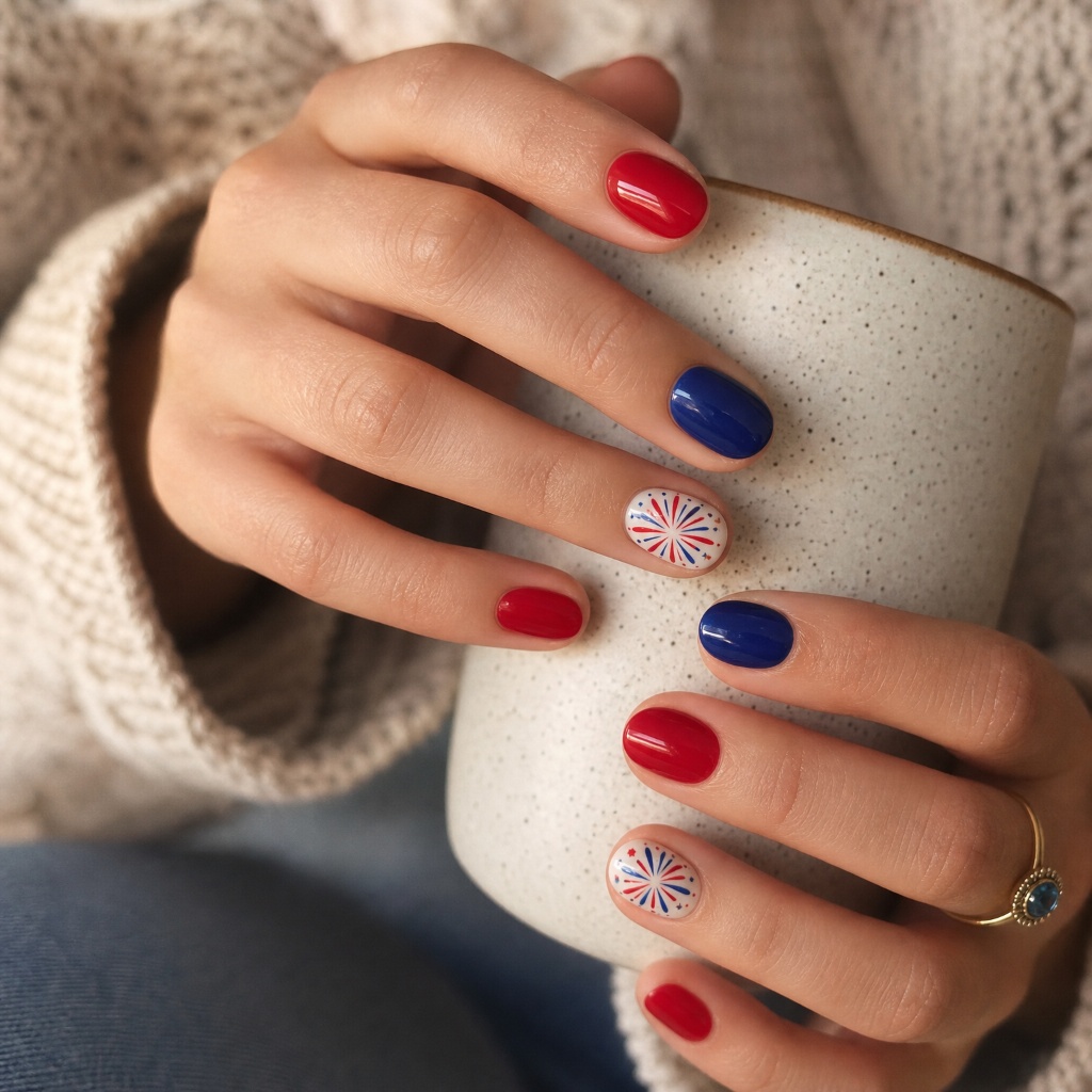 4th of July Nails for 2026 Simple Red and Blue Nails With Firework Art Accents