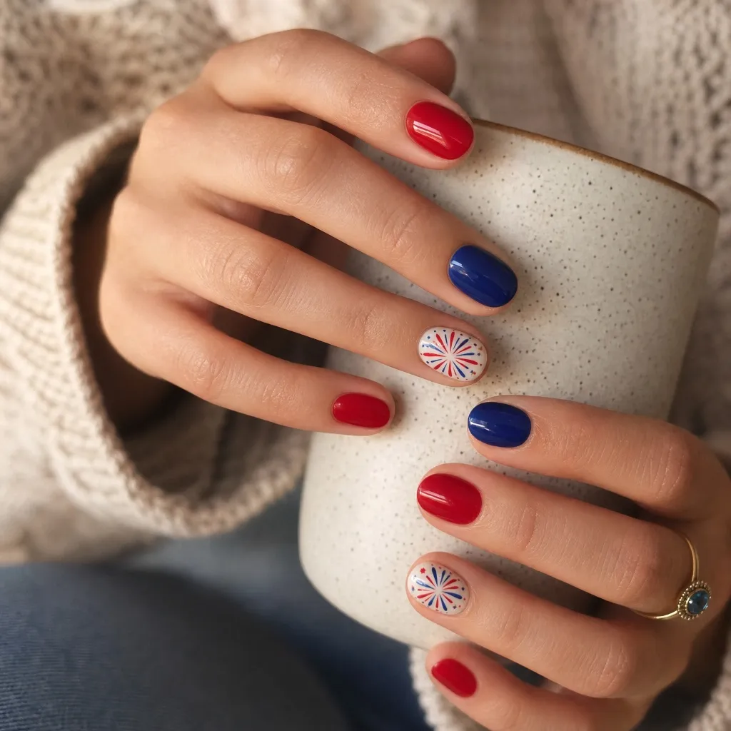 4th of July Nails for 2026 Simple Red and Blue Nails With Firework Art Accents