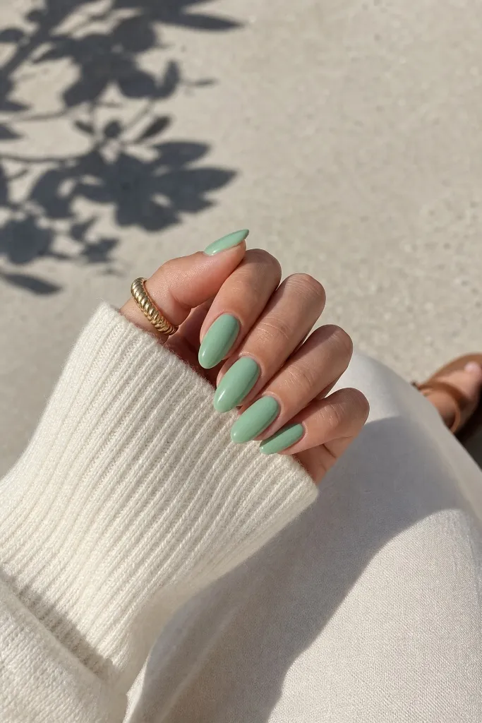 Light Summer Nails 2026 Sage Green Almond Nails With Fresh Botanical Vibes