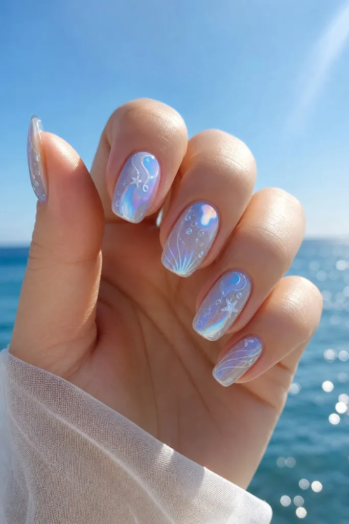 Summer Beach Nails 2026 Iridescent Ocean Fantasy Nails With Jellyfish Details