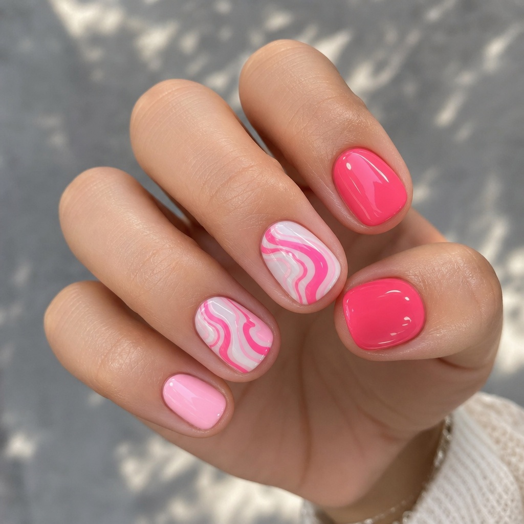 Short Summer Nails 2026 Inspo Hot Pink Swirl Accent Nails With Main Character Energy