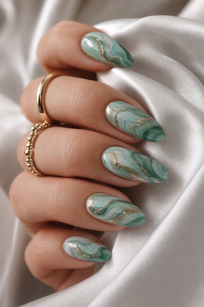 Summer Nails Inspo 2026 Jade Green Marble Almonds With Gold Veining That Feels Like Treasure