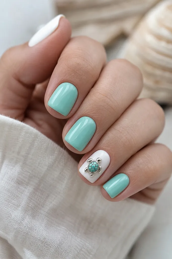 Short Nail Ideas for Summer 2026 Turquoise Turtle Nails With Beachy Coastal Vibes