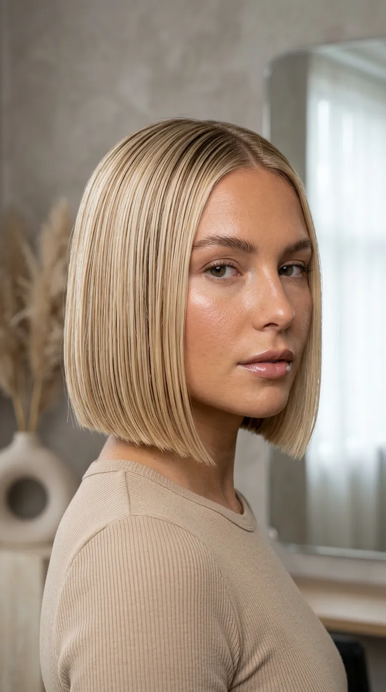 sleek blunt blonde bob short haircut for summer 2026, center part, glass hair shine, precision chin length cut, polished minimalist salon mood